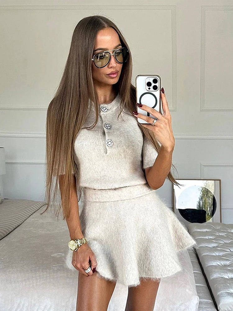 Casual Knitted O-neck Short Sleeve Single Breasted Crop Sweater & A-line Mini Skirt Set  Milanni Fashion   