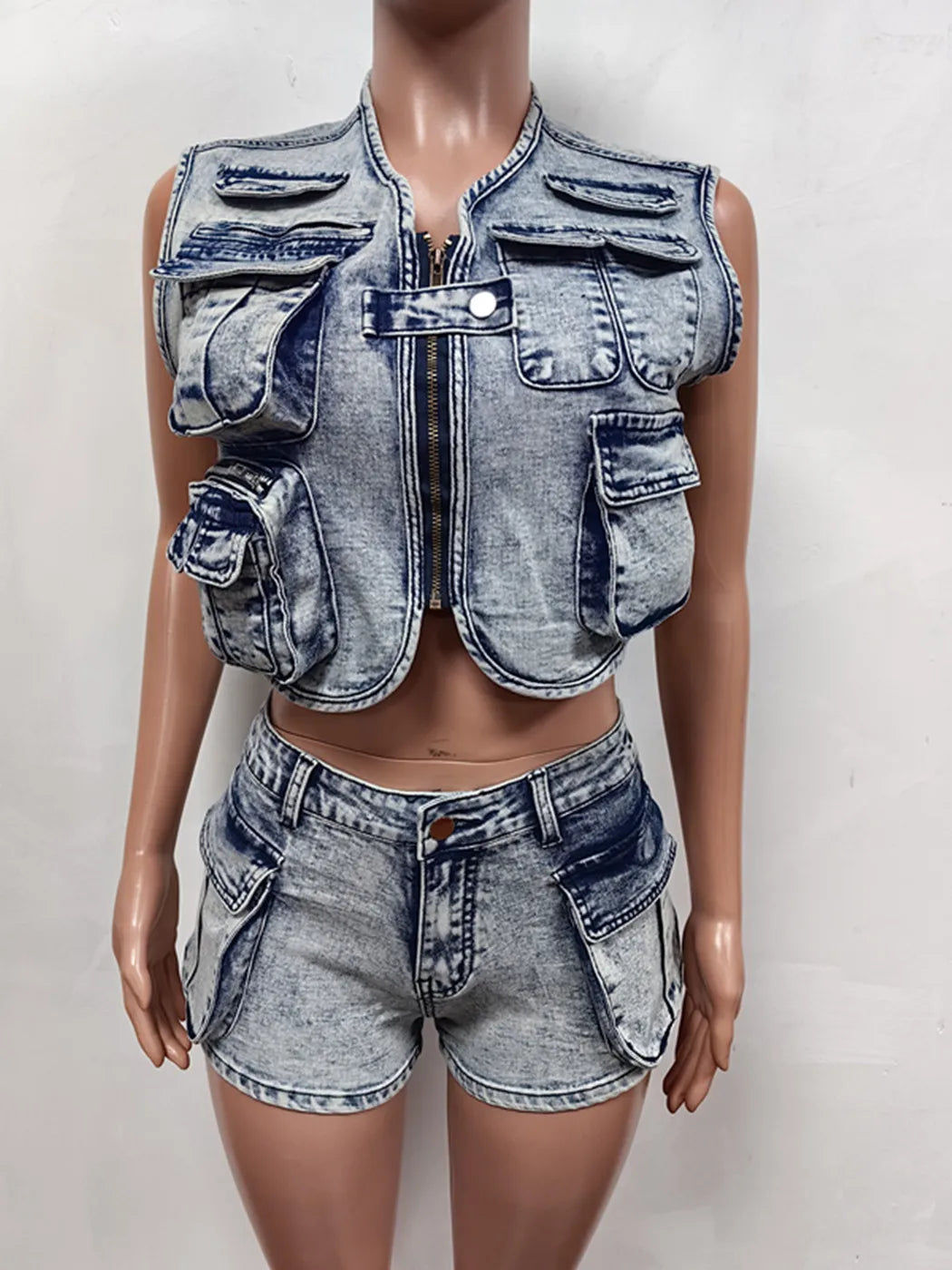 Fashion Denim Jacket and Biker Shorts Set Cropped Jean Jacket and Two-Piece Tracksuit for Women Milanni Fashion