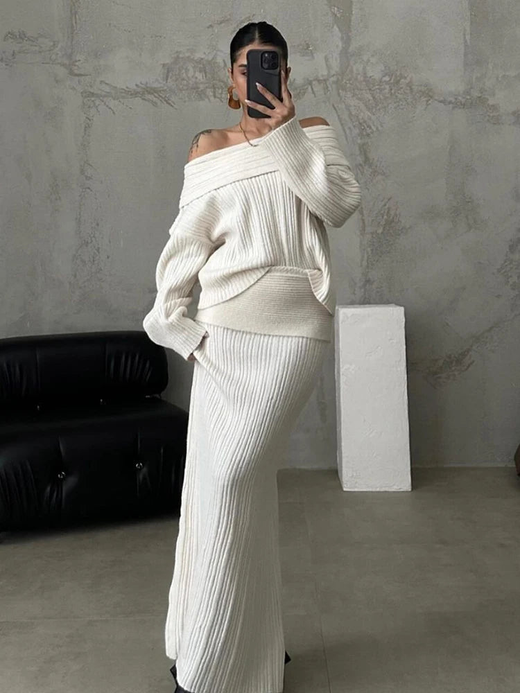 Off Shoulder Sweater Pullover Top Slim Skirt Suit Fashion Office Outfit Winter Knitted Two Piece Set for Women Milanni Fashion White S