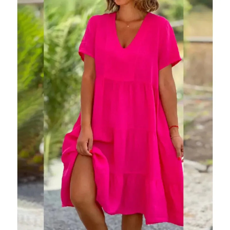 Trendy V-Neck Pullover Dress Loose Mid-Length Swing Casual Summer Dress for Women Milanni Fashion