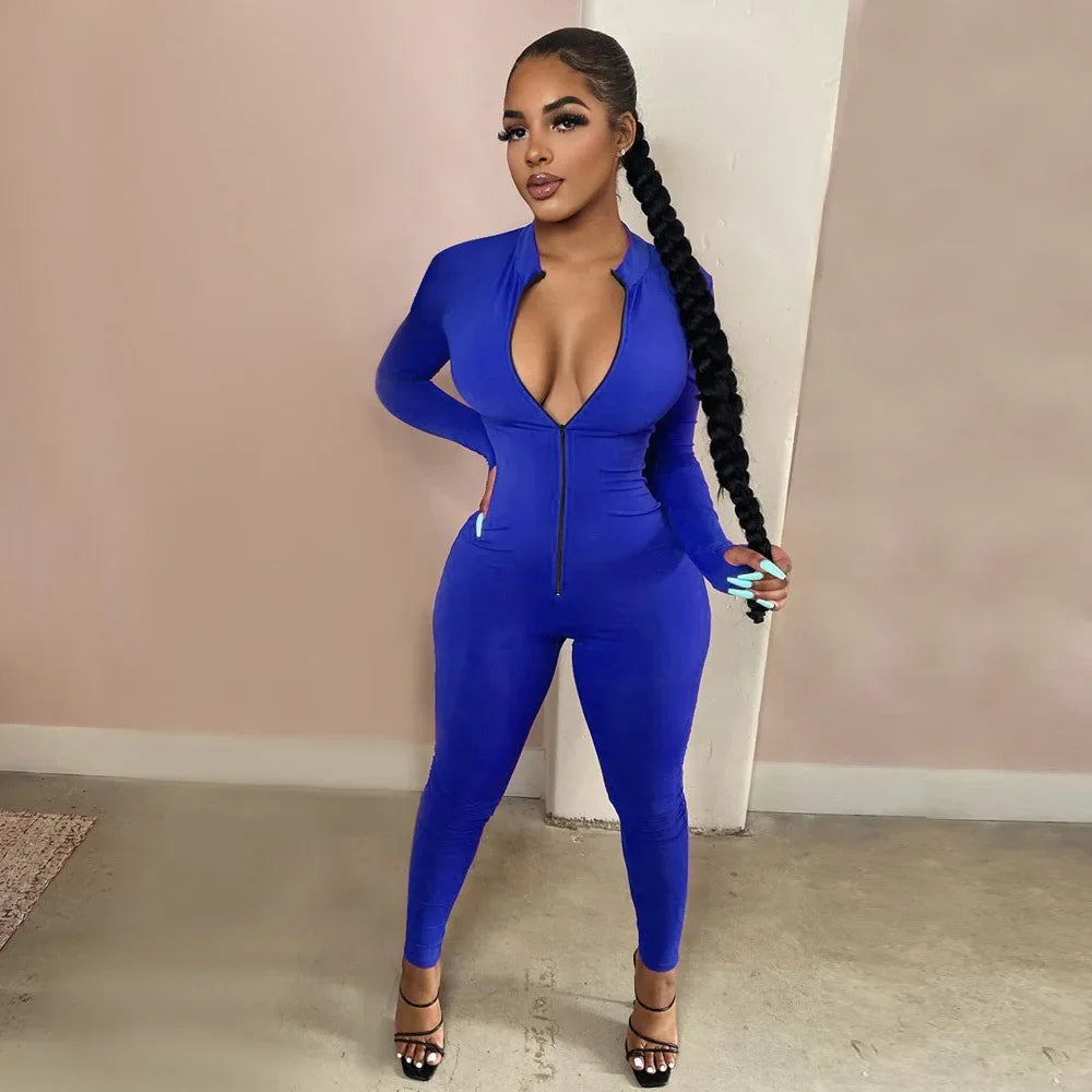 Solid Color Long Sleeve Deep V Bodycon Romper Fashion Zip Up Fitness Long Overalls Jumpsuit Milanni Fashion