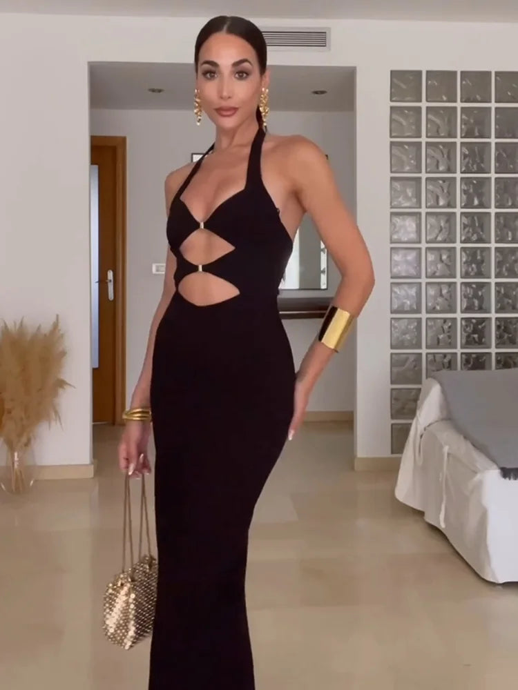 2024 New Style Fashion Temperament Elegant Black Halter Neck Waist Dress Midi Dress Milanni Fashion   