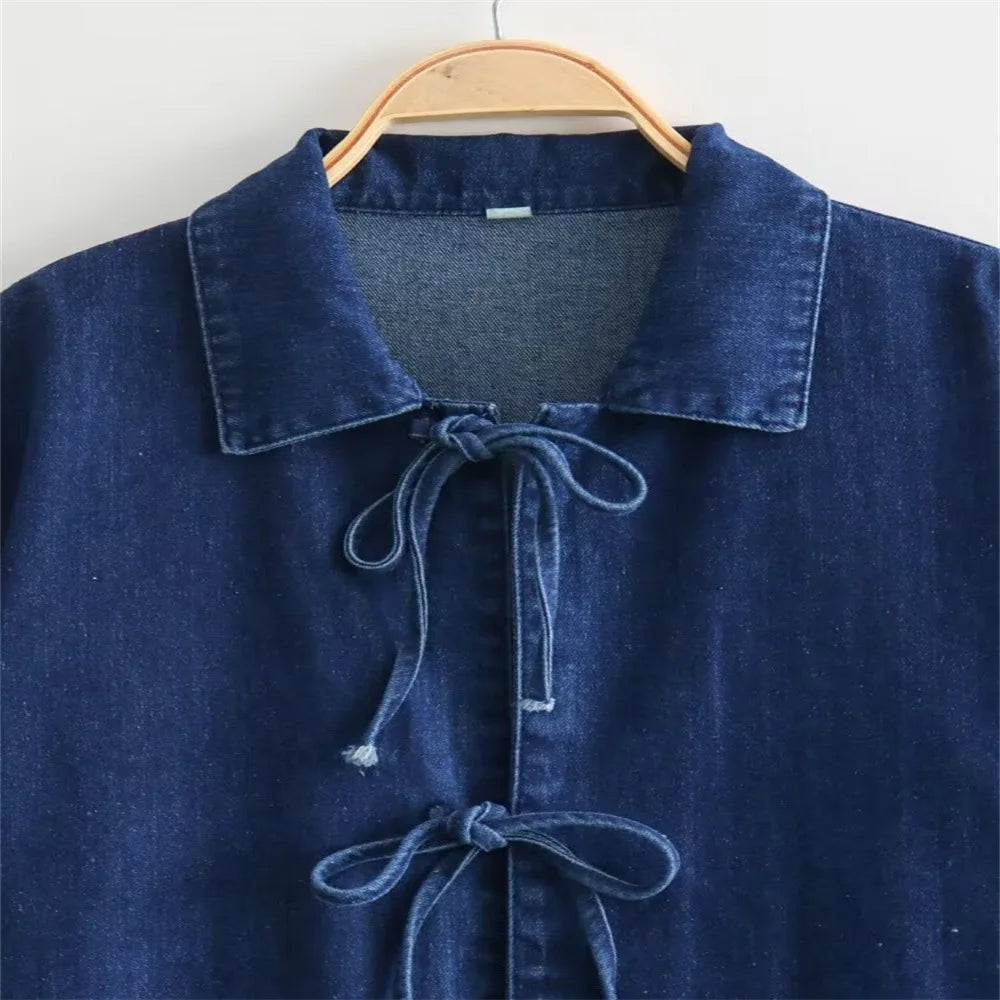 Versatile Lapel Bow Decoration Long Sleeved Pocket Washed Denim Shirt Jacket Stylish Casual Outerwear Milanni Fashion