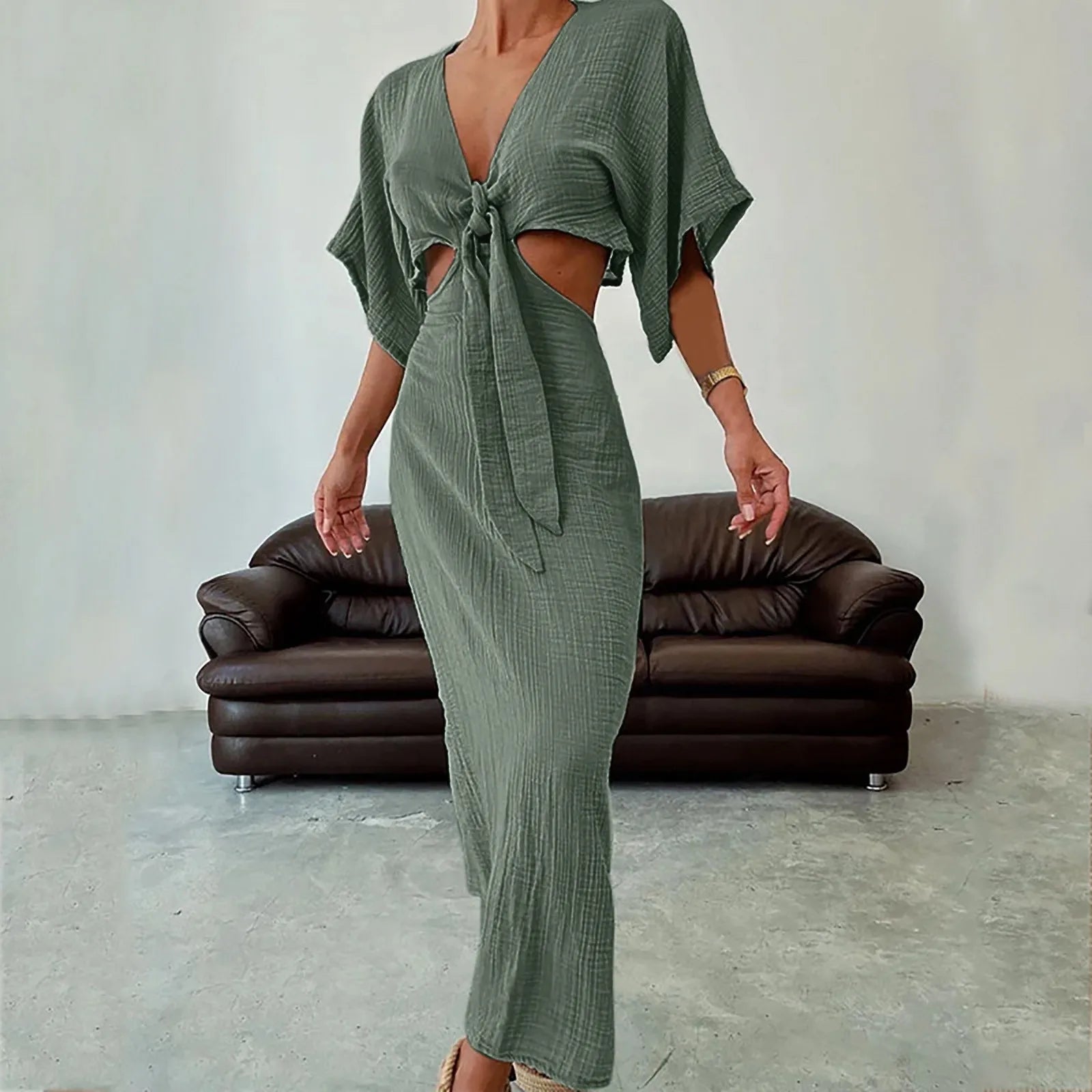 Casual Solid Cotton Linen Dress Women Sexy Deep V Neck Hollow Out Long Dress Maxi Dress Milanni Fashion Green M United States