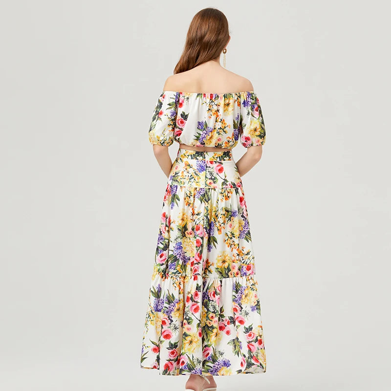 Summer Runway Designer Floral Print 2-Piece Set Slash Neck Cropped Top & Maxi Skirt Milanni Fashion