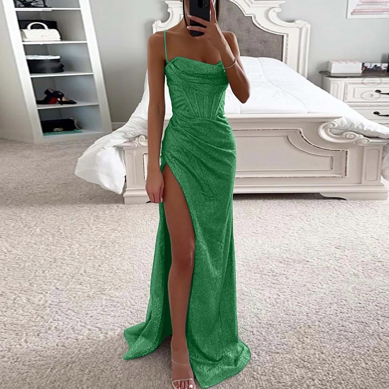 Women's Solid Color Sequin Dress Strap Sleeveless Backless Strap Cocktail Party Dress Maxi Dress Milanni Fashion Green S CN