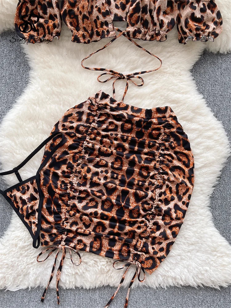 Leopard Print Sexy French Strapless Camisole and Folded Short Skirt Cosplay Lingerie Two-Piece Set Milanni Fashion