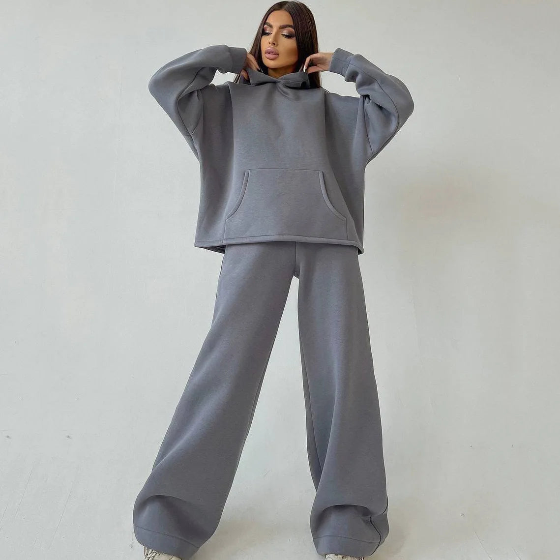 Hooded Pocket Hoodie Set Loose Top Wide Leg Trousers Casual Two-Piece Outfit for Women Milanni Fashion