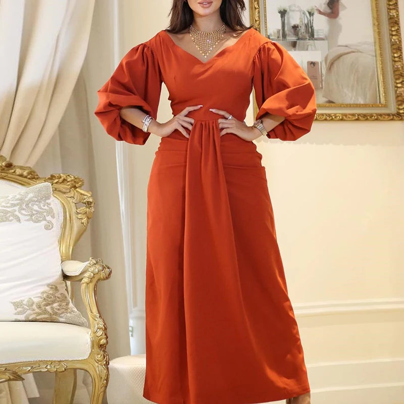 Women's Deep V High Waisted Long Dress Fashion Lantern Sleeves Pleated Office Dress Elegant Style Milanni Fashion Orange XXL