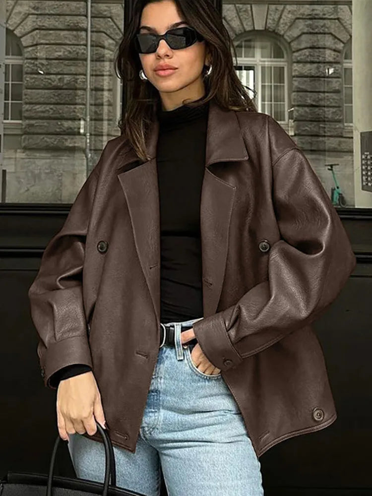 Vintage Leather Women's Jacket Lapel Double Breasted Long Sleeve Coat Outerwear Fashionable Top Milanni Fashion