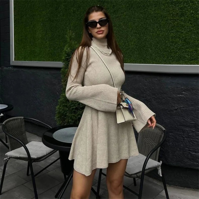 Long-sleeved Knitted Turtleneck Dress Solid Color Autumn and Winter Hip-wrapped Short Sweater Dress  Milanni Fashion   