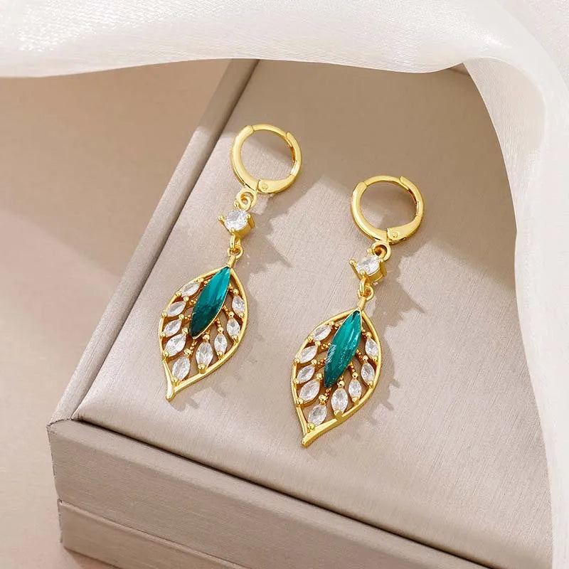 Elegant Green Crystal Leaf Tassel Earrings Cubic Zircon Wedding Jewelry Gift for Women Milanni Fashion