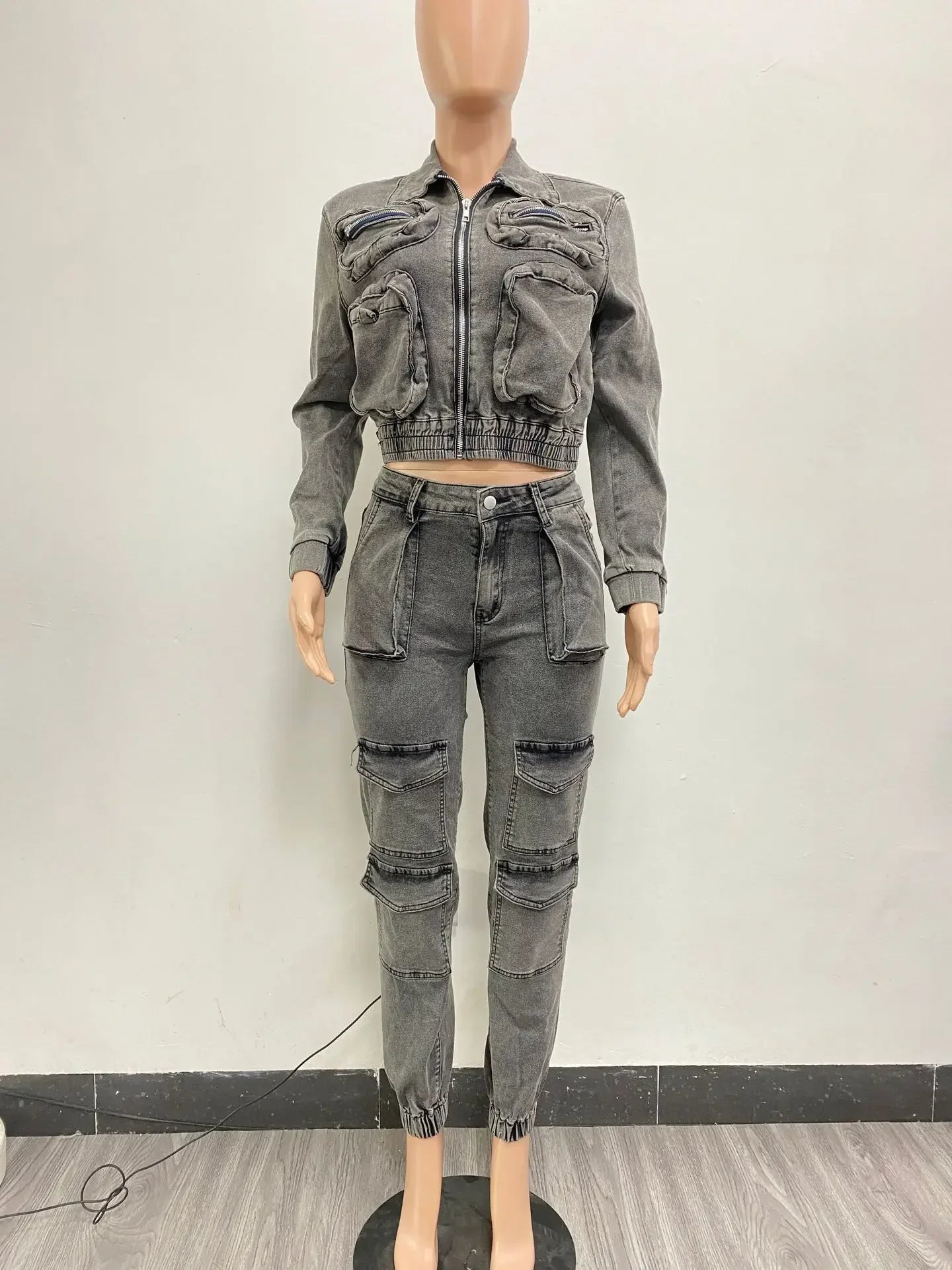 Sexy Casual Matching Denim Jacket & Trouser Multi Pockets Denim Pants Outfit  Milanni Fashion   