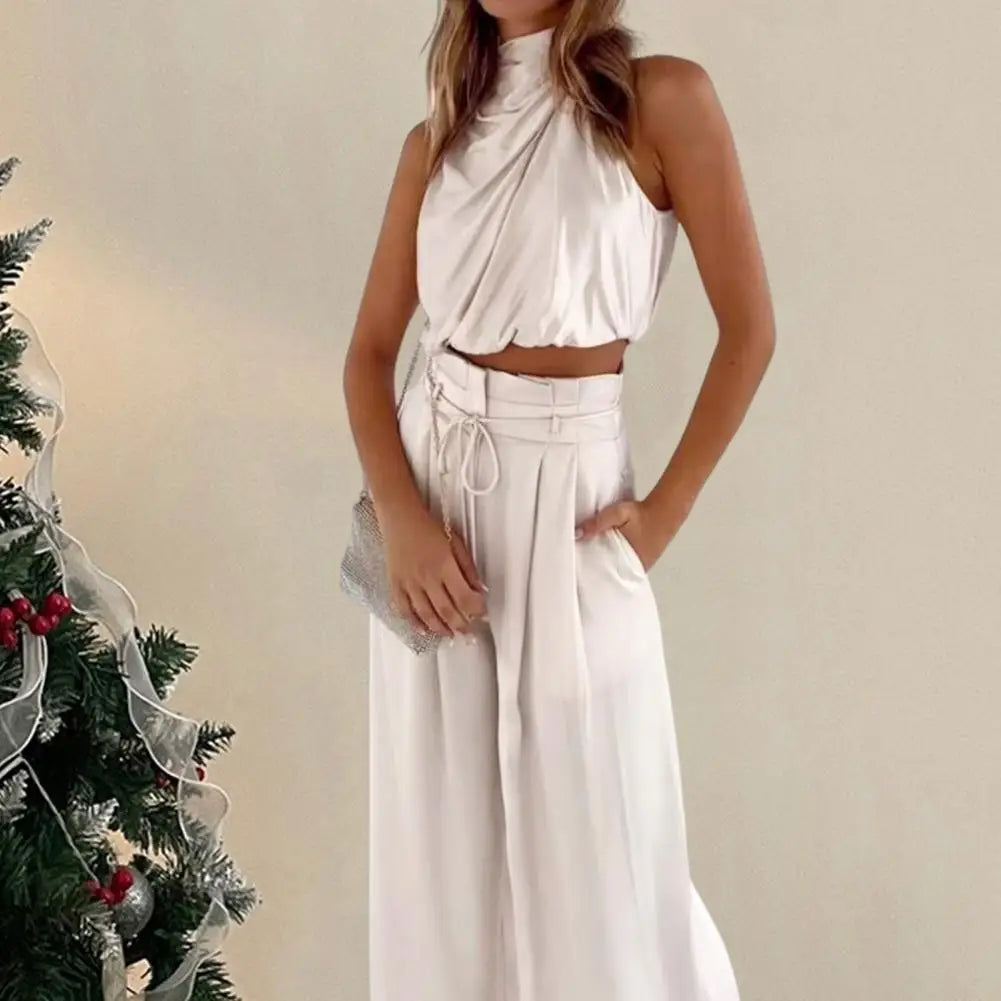 Women's Two Piece Outfit Silk Pleated Sleeveless Top Wide Leg Pant Set  Milanni Fashion   