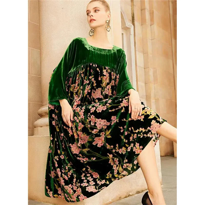 Women's Velvet Printed Dress Big Size Loose Casual Elegant Long Sleeve A-line Dress  Milanni Fashion   