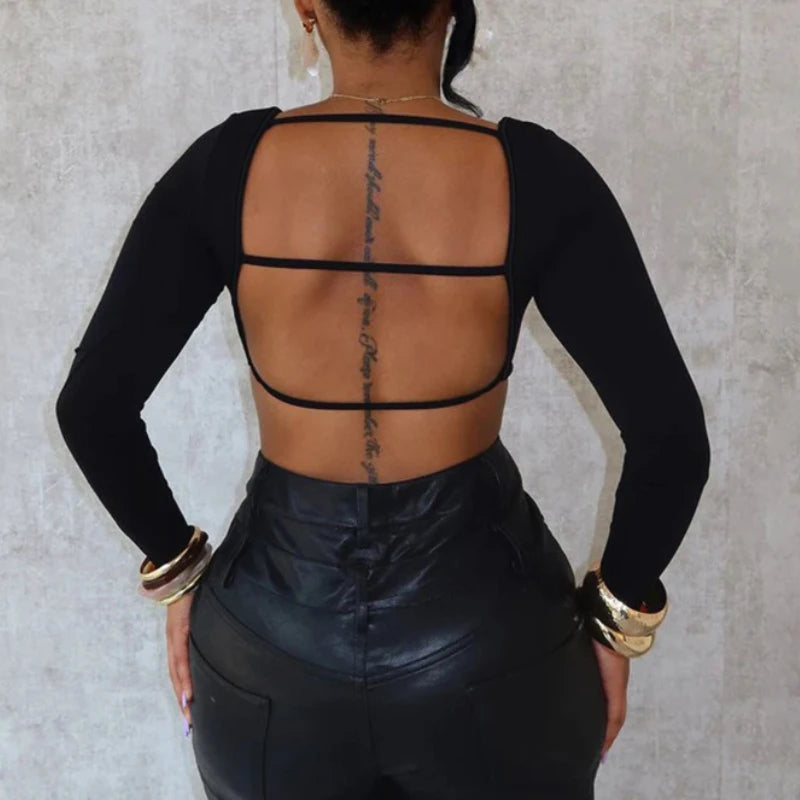 Sexy Cross Bandage Backless Long Sleeve Crop Top Women Bare Midriff Bottoming Tee Shirt Milanni Fashion