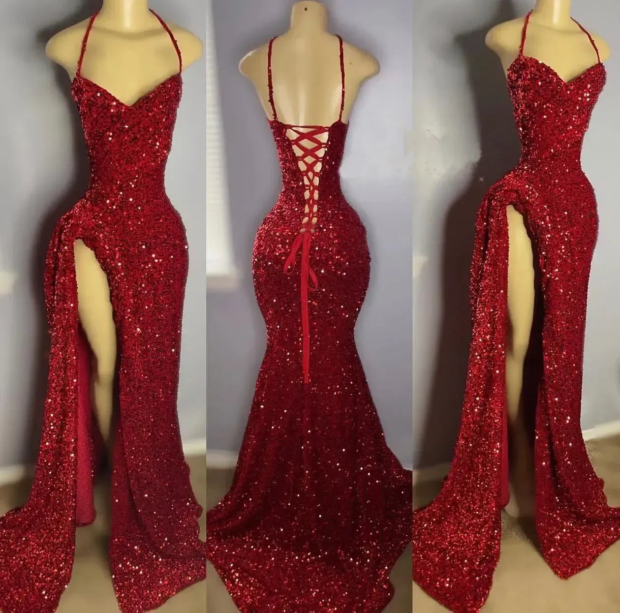 2024 Dark Red Sequins Prom Dresses Halter High Split Corset Back Mermaid Plus Size Celebrity Party Formal Evening Wear vestidos  Milanni Fashion   