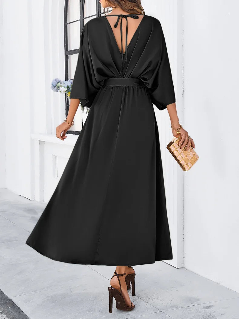 Elegant V-neck Loose Dress for Women Long Solid Lady Outfit Spring Summer Casual Streetwear Dress Maxi Dress Milanni Fashion