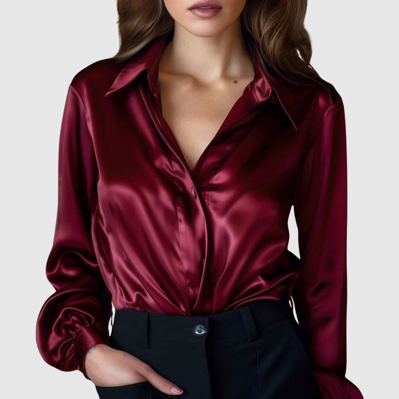 Sofia Amoretti Satin Shimmer Button-Up Shirt