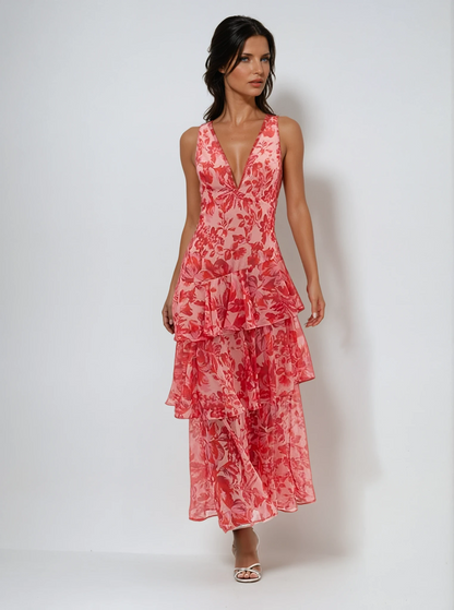 Veda | Floral V Neck Midi Dress