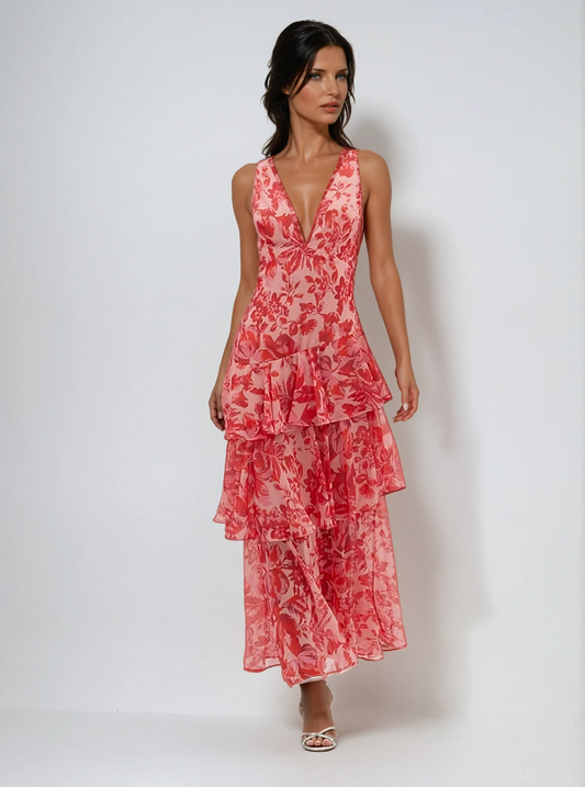 Veda | Floral V Neck Midi Dress