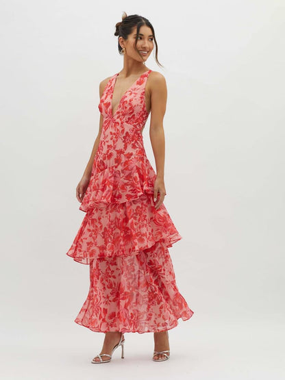 Veda | Floral V Neck Midi Dress