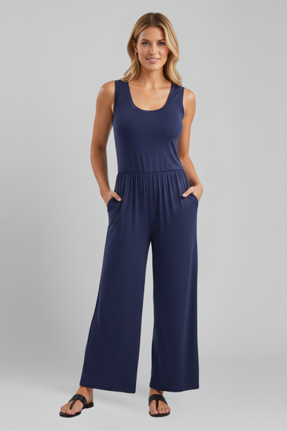 Julia | Women's Round Neck Wide-Leg Jumpsuit with Elastic Waistband