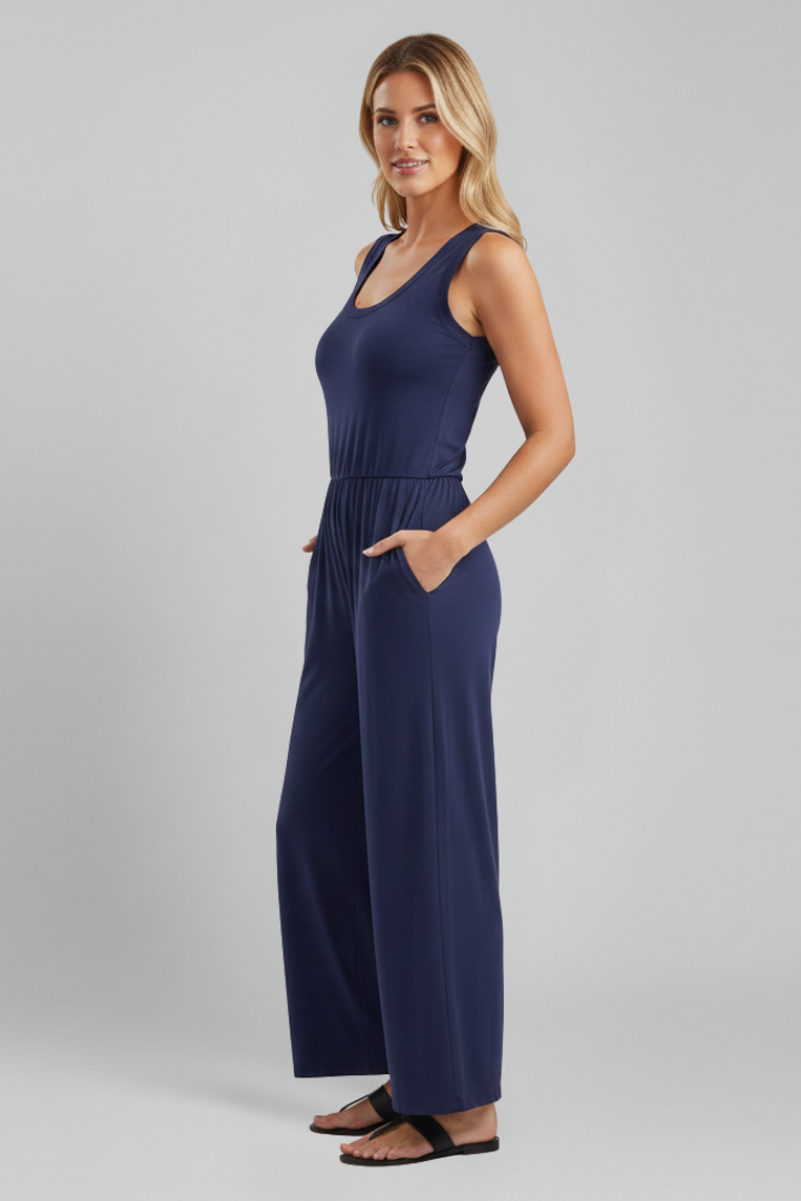 Julia | Women's Round Neck Wide-Leg Jumpsuit with Elastic Waistband