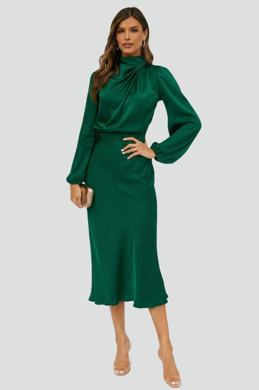 Lena | Women's Midi Dress with High Neckline and Long Sleeves