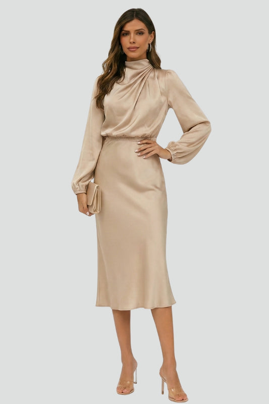 Lena | Women's Midi Dress with High Neckline and Long Sleeves