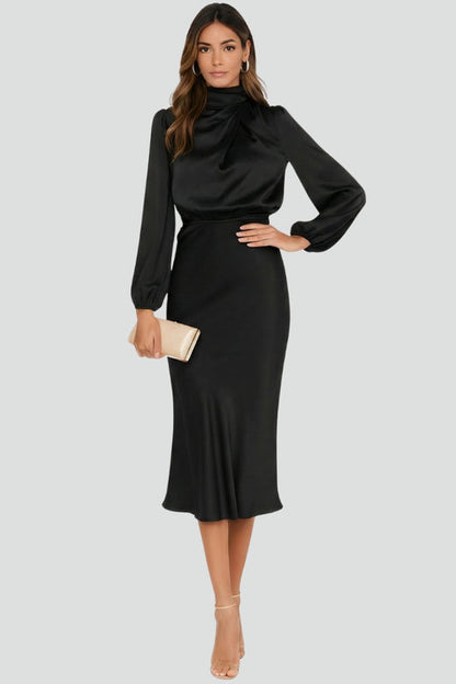 Lena | Women's Midi Dress with High Neckline and Long Sleeves