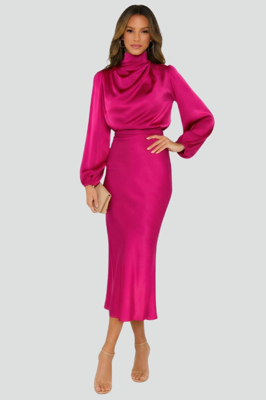 Lena | Women's Midi Dress with High Neckline and Long Sleeves