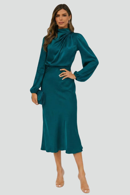 Lena | Women's Midi Dress with High Neckline and Long Sleeves
