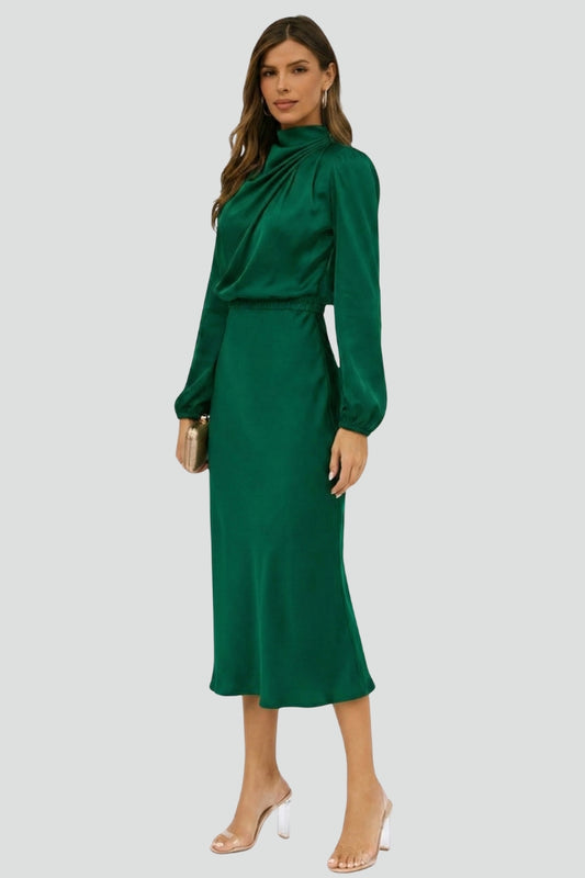 Lena | Women's Midi Dress with High Neckline and Long Sleeves
