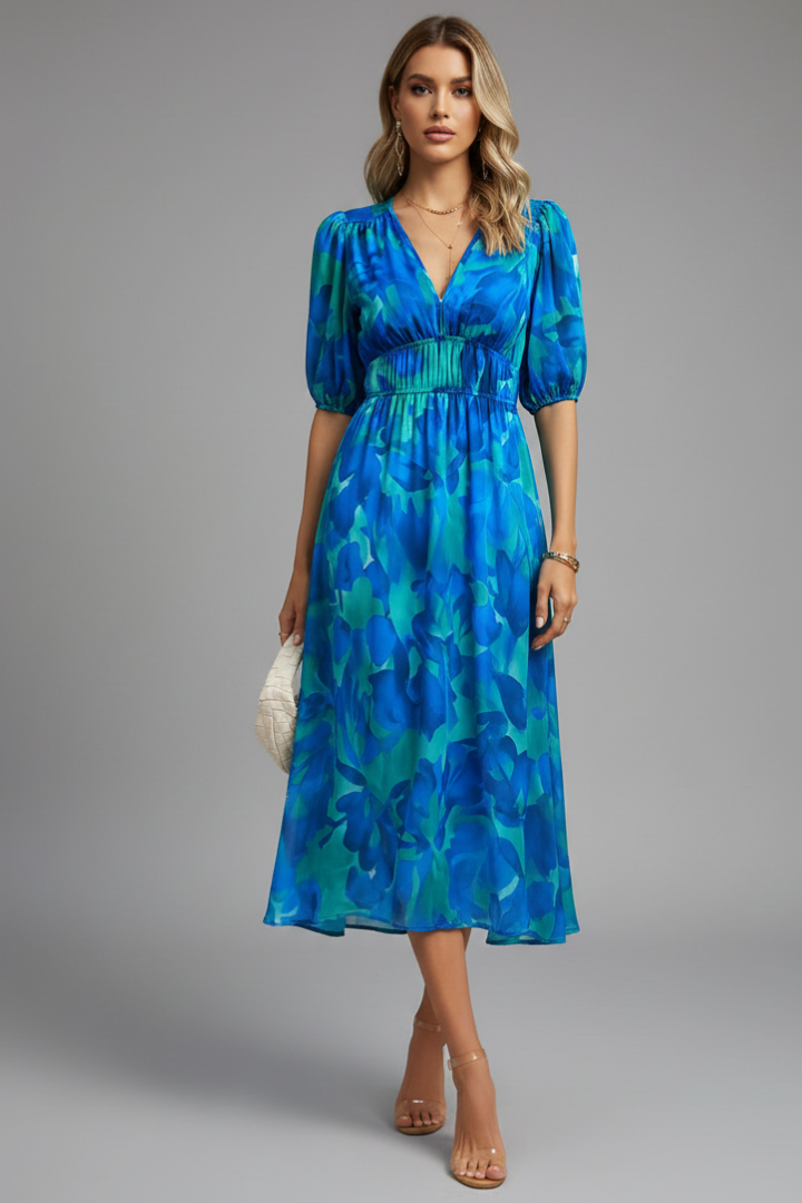 Kerstin | Women's Floral Midi Dress with Puff Sleeves