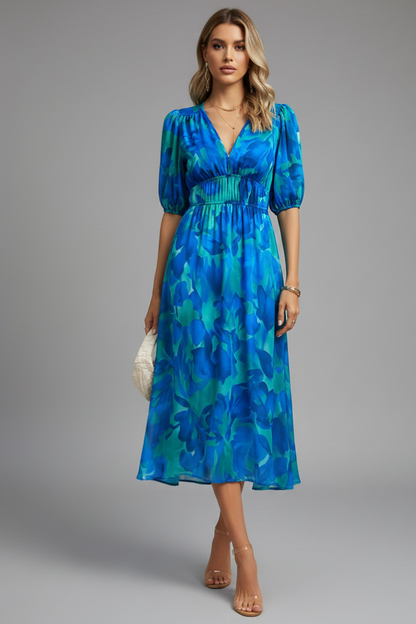 Kerstin | Women's Floral Midi Dress with Puff Sleeves