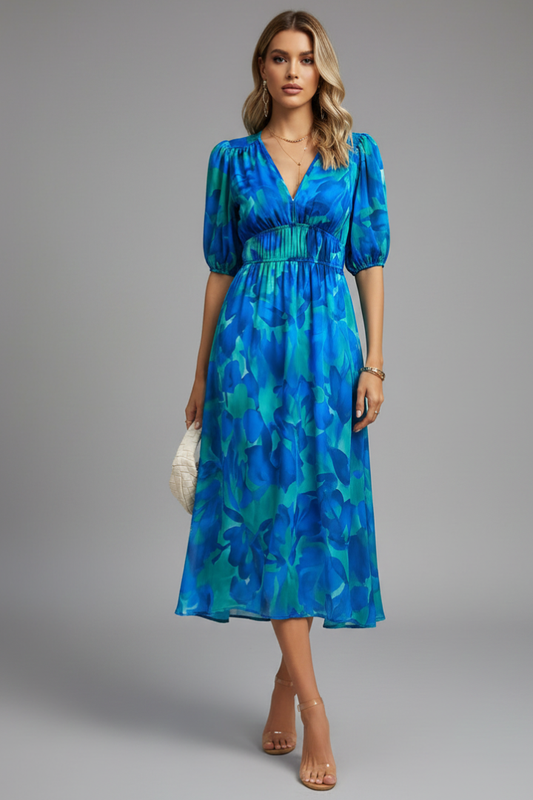 Kerstin | Women's Floral Midi Dress with Puff Sleeves