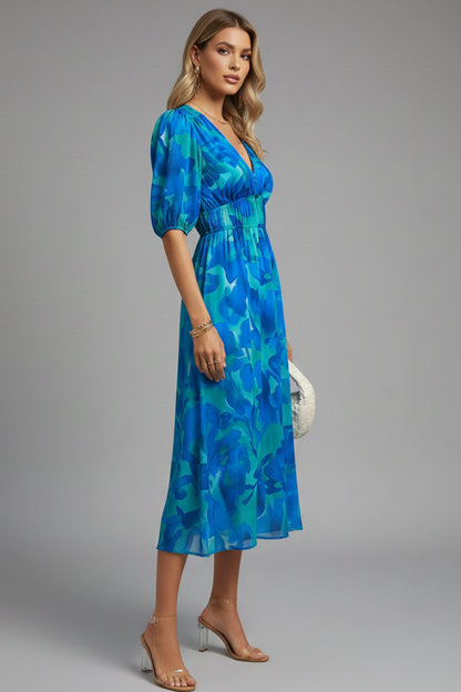 Kerstin | Women's Floral Midi Dress with Puff Sleeves