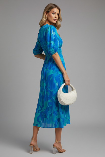 Kerstin | Women's Floral Midi Dress with Puff Sleeves