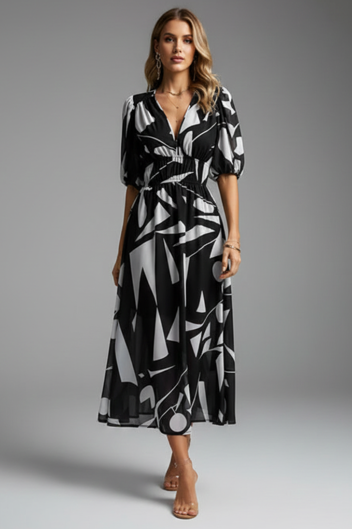 Kerstin | Women's Floral Midi Dress with Puff Sleeves