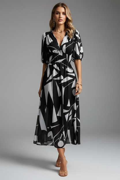 Kerstin | Women's Floral Midi Dress with Puff Sleeves