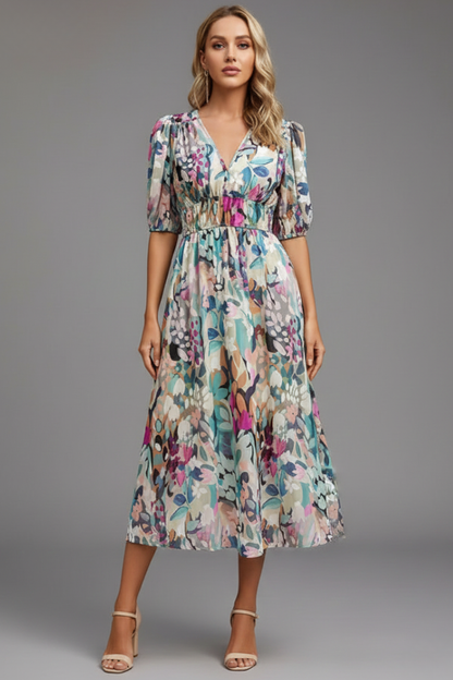 Kerstin | Women's Floral Midi Dress with Puff Sleeves
