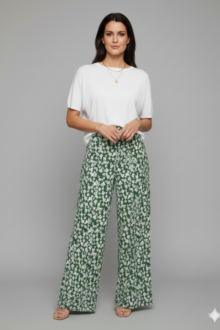Angela | Women's Casual Pants in Palazzo-Style with Floral Print and Wide Leg