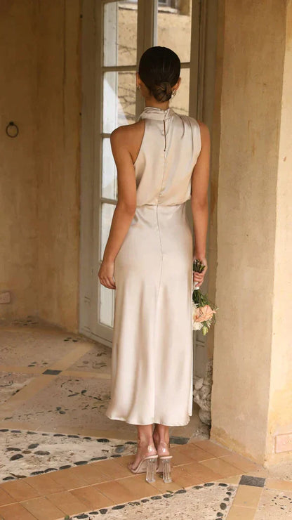 Elisa | Women's Elegant Midi Dress with Halter Neck and Drapiertem Neckline