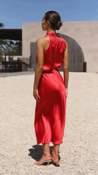 Elisa | Women's Elegant Midi Dress with Halter Neck and Drapiertem Neckline