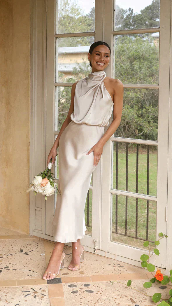 Elisa | Women's Elegant Midi Dress with Halter Neck and Drapiertem Neckline