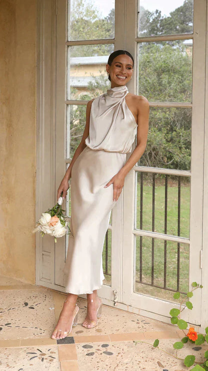 Elisa | Women's Elegant Midi Dress with Halter Neck and Drapiertem Neckline