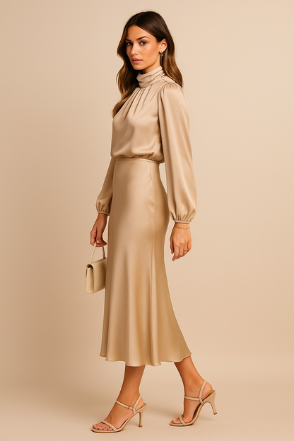 Monika | Women's Long Sleeve High-Neck Midi Dress