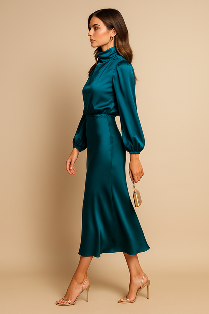 Monika | Women's Long Sleeve High-Neck Midi Dress