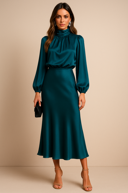 Monika | Women's Long Sleeve High-Neck Midi Dress
